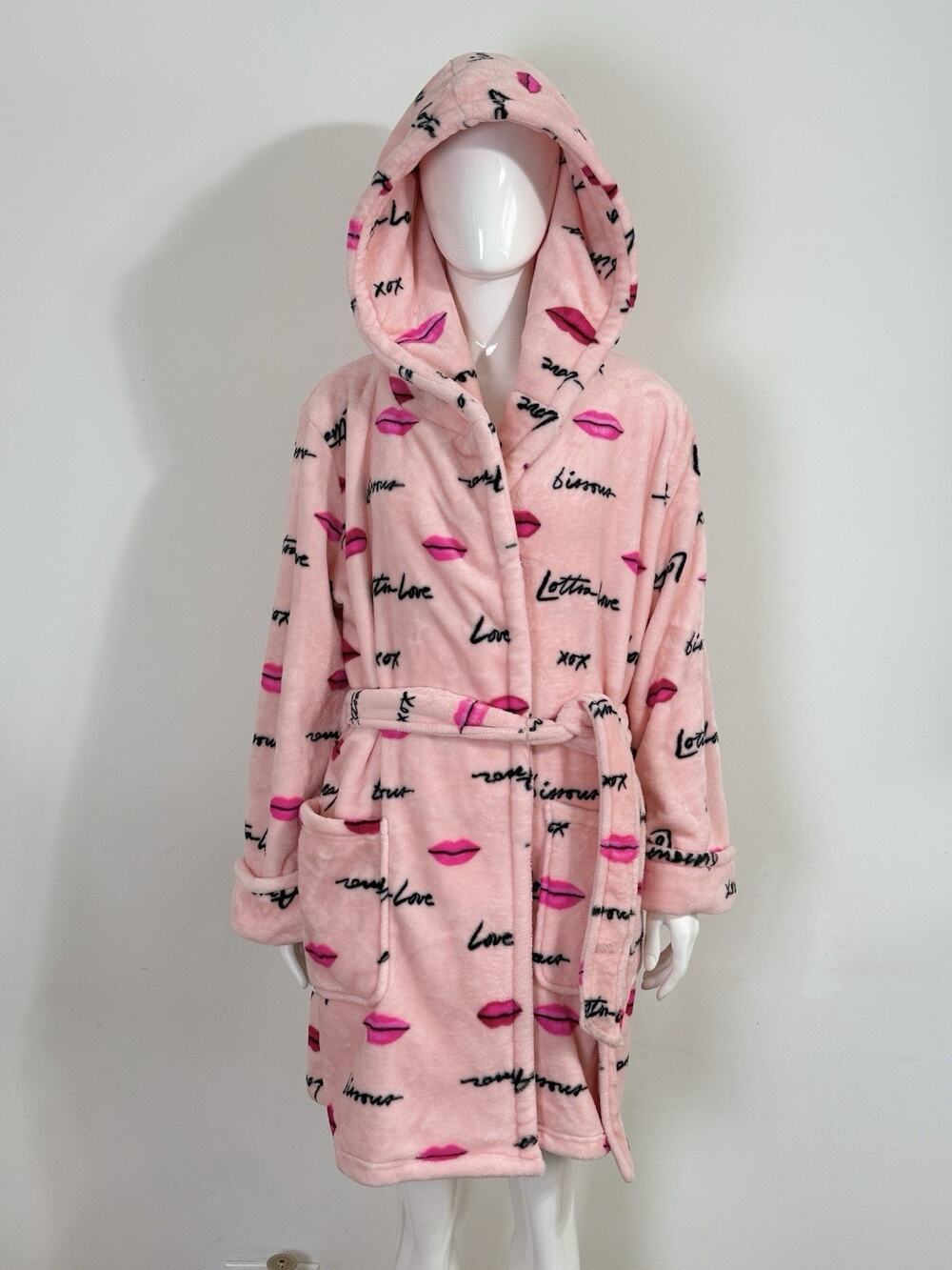 Betsey Johnson Pink Lips Love Kiss Plush Hooded Robe Soft Fleece Bathrobe M/L